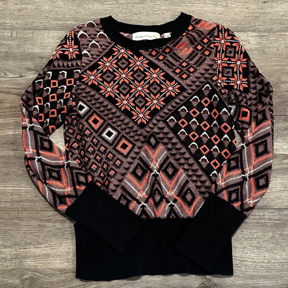 Charlie & Robin Womens Small Geometric Fair Isle Knit Sweater Black Coral Pink